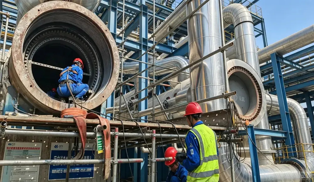 Technician inspecting chiller heat exchanger and vibration isolators.webp