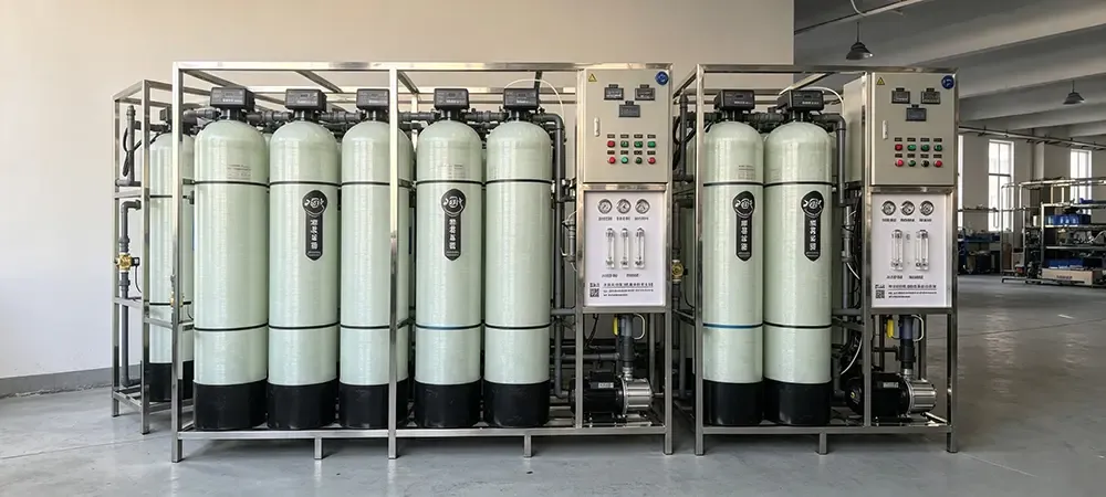 Deiiang two-stage brackish RO system with inter-stage booster pump, permeate conductivity 22 µS/cm