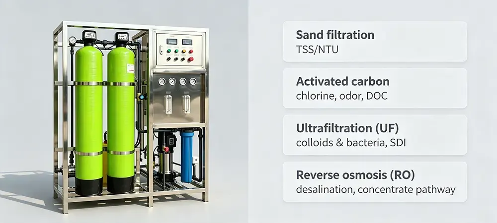 Four filtration technologies comparison chart: sand, carbon, UF and RO