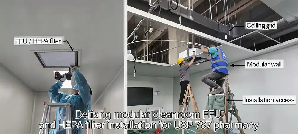 Deiiang modular cleanroom FFU and HEPA filter installation for USP 797 pharmacy.webp Deiiang modular cleanroom FFU and HEPA filter installation for USP 797 pharmacy.webp