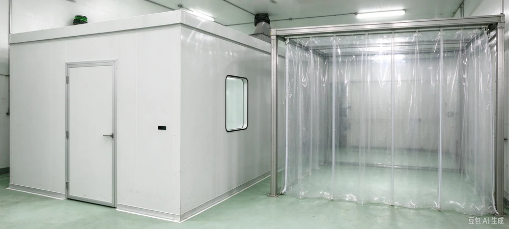 Side-by-side comparison of a hardwall cleanroom and a softwall cleanroom