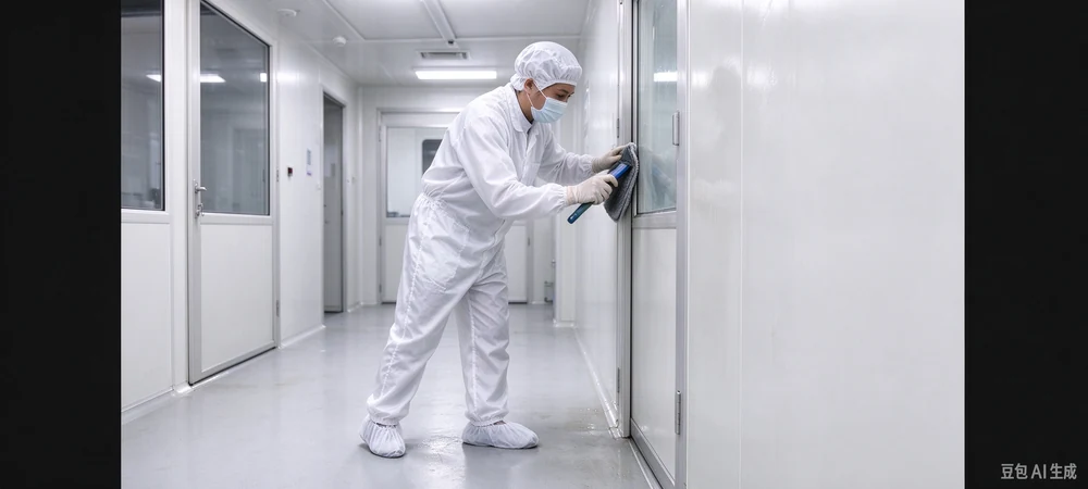 Cleaning rigid cleanroom panels and flexible cleanroom curtains