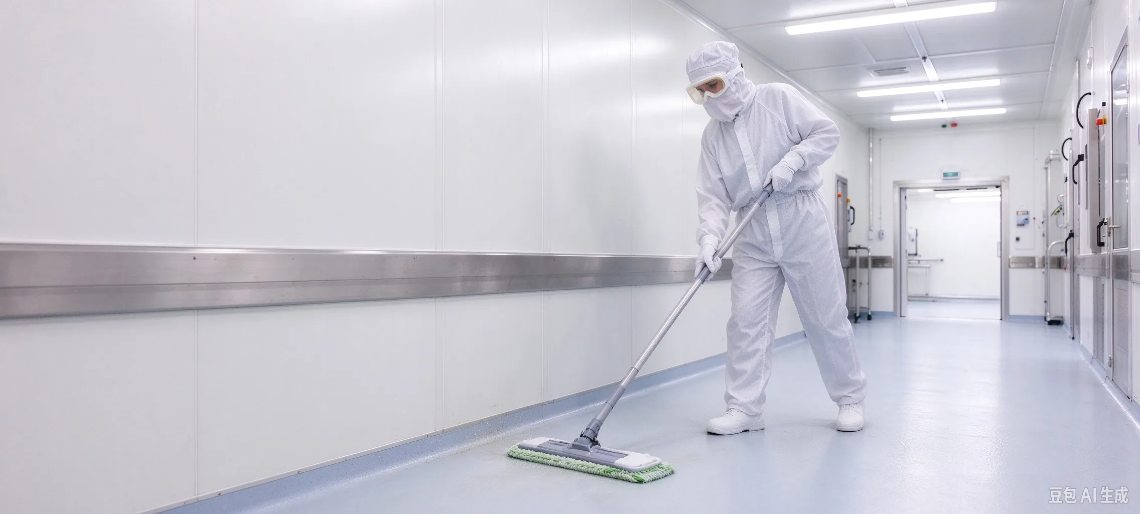 Cleanroom technician mopping the floor beside a hardwall cleanroom panel during routine cleaning