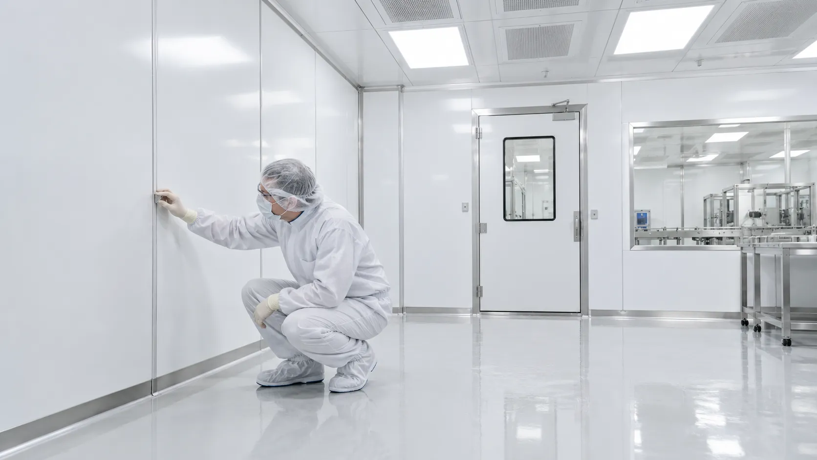 Cleanroom technician inspecting a hardwall panel joint