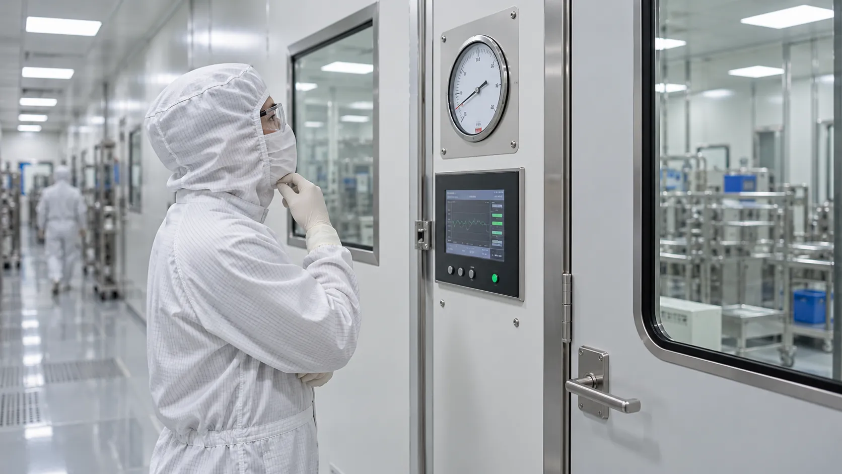 Cleanroom engineer reviewing room pressure and monitoring readings