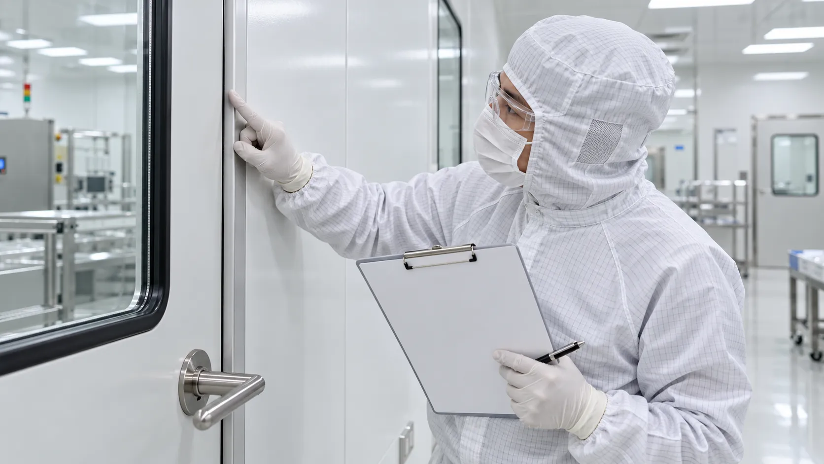 Technician checking cleanroom door seals with a maintenance checklist