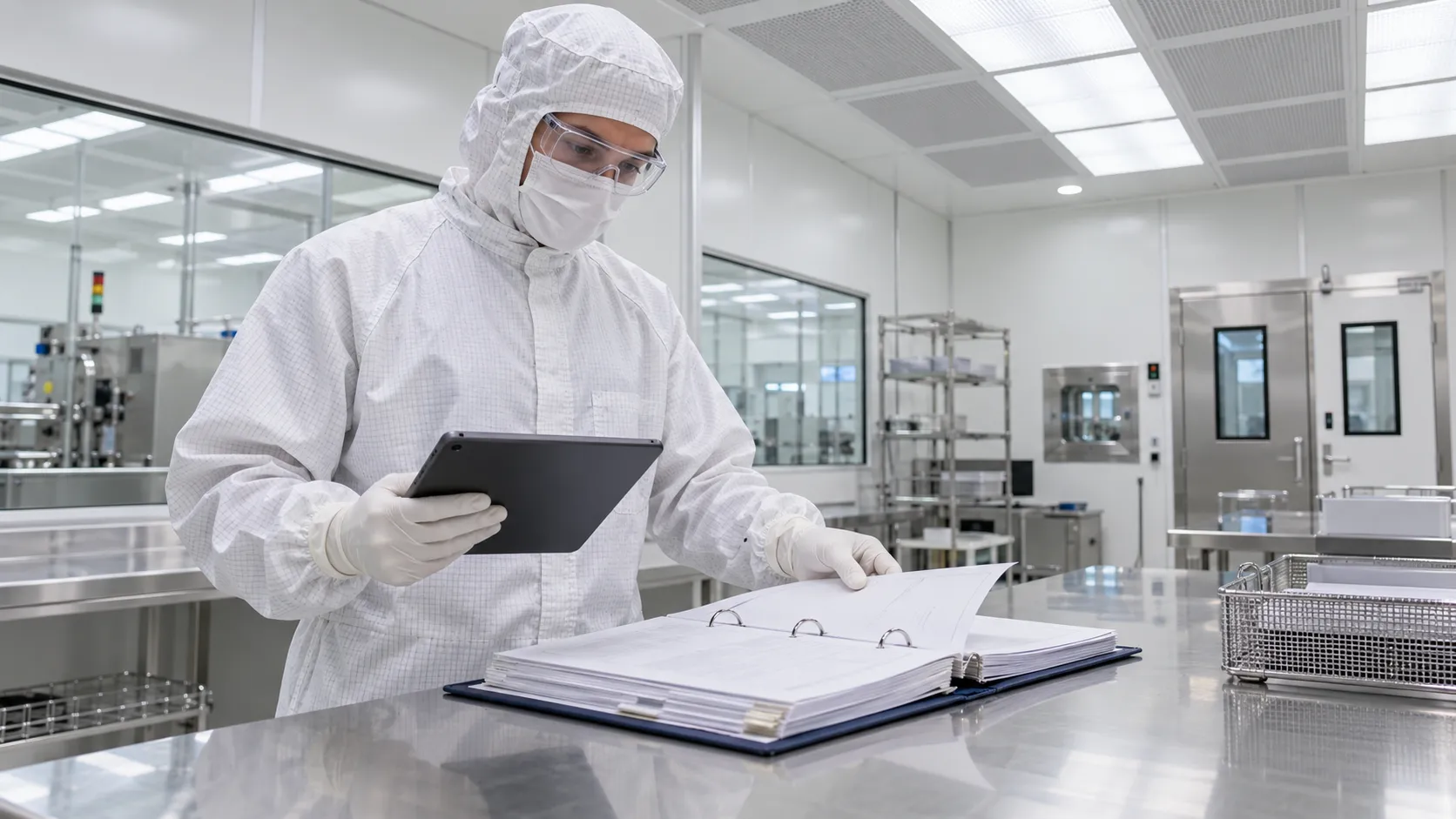 Cleanroom engineer reviewing technical standards and records