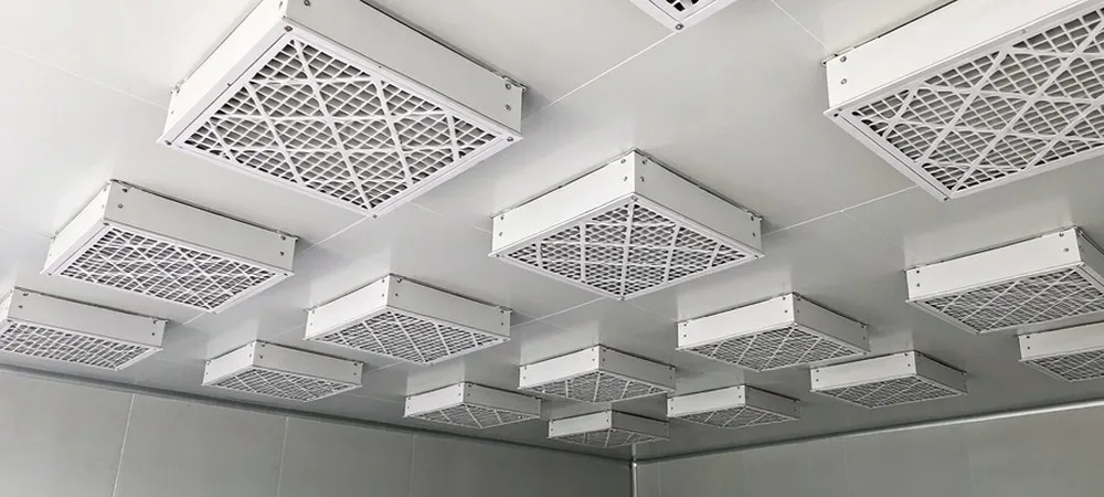 Fan filter units working in a hardwall clean room ceiling Fan filter units working in a hardwall clean room ceiling