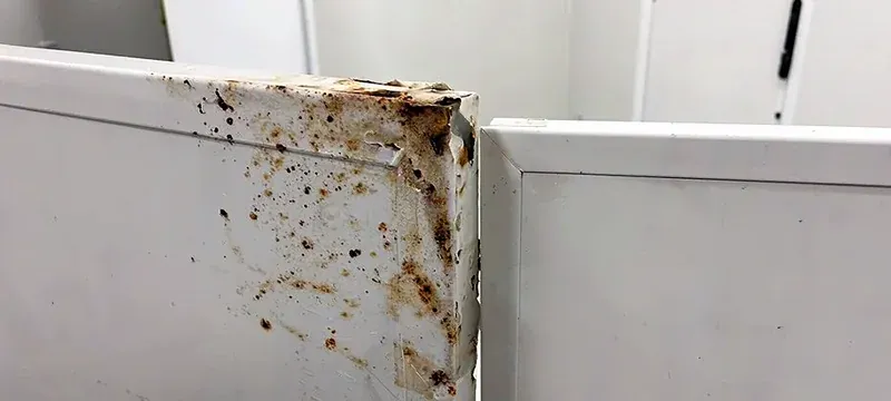 Surface damage on cleanroom panels lacking VHP resistance Surface damage on cleanroom panels lacking VHP resistance