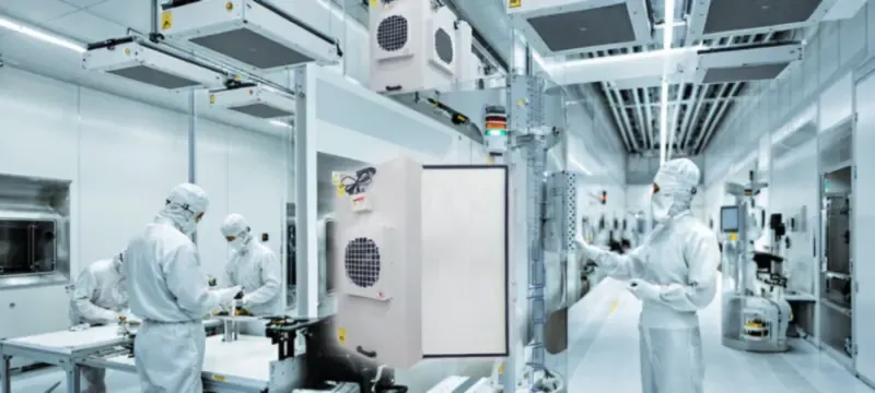 High FFU density ISO 5 cleanroom interior with technicians at work