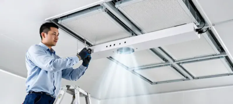 Ionizer bar installed between FFUs without disrupting cleanroom airflow