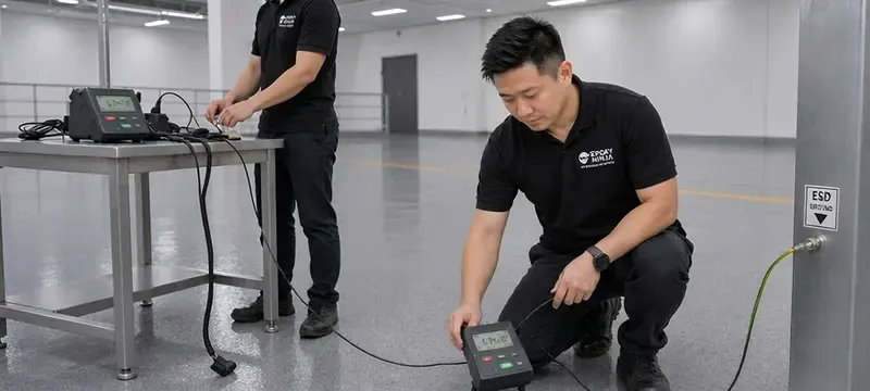 Testing surface resistance during ESD commissioning in a cleanroom