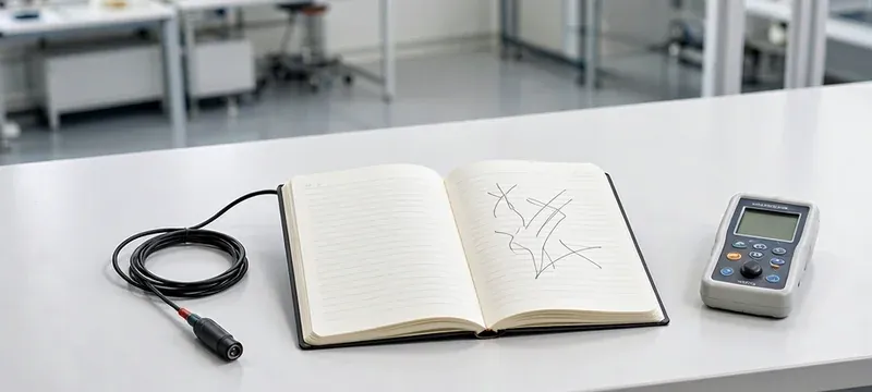 Reference notebook with ESD glossary terms on a cleanroom bench