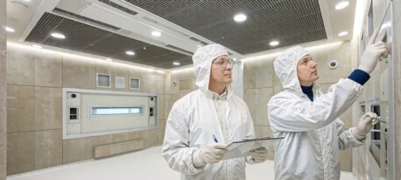 Pre-certification walkthrough with a checklist in a finished cleanroom