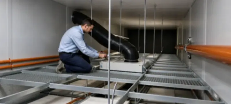 Servicing an FFU from the plenum above a cleanroom ceiling Servicing an FFU from the plenum above a cleanroom ceiling