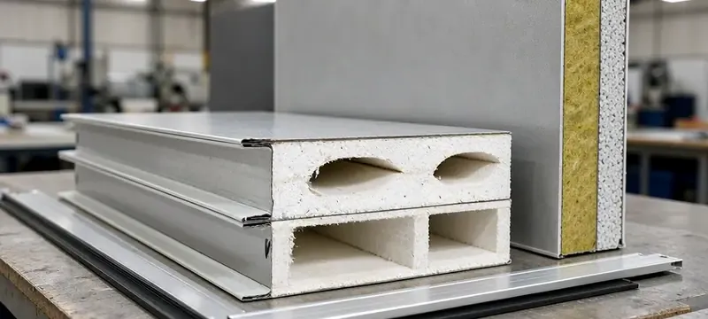 Cut end of a hollow MGO sandwich panel showing staggered internal ribs and edge profile