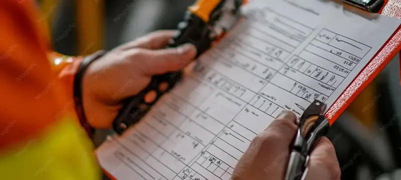 Engineer checking a HEPA filter against a buying checklist
