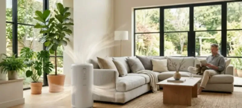 A home air purifier working in a cozy living room A home air purifier working in a cozy living room