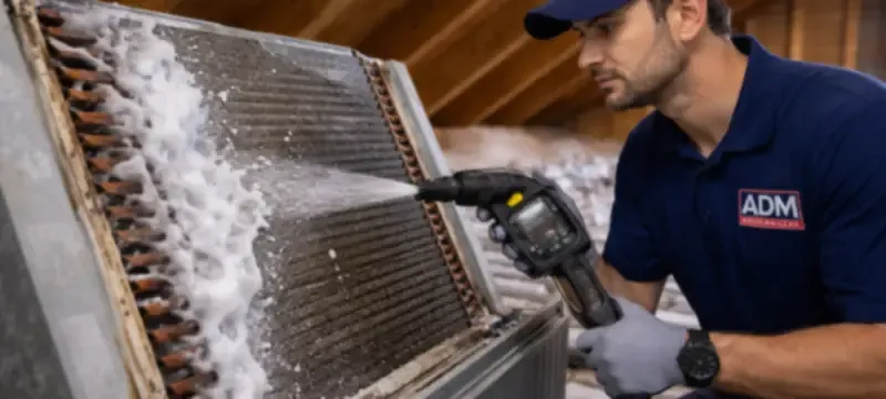 A clean fan coil unit being serviced in a tidy plant room A clean fan coil unit being serviced in a tidy plant room