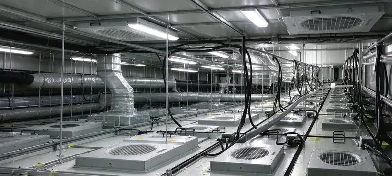 Rows of Deiiang fan filter units with HEPA filters installed in the ceiling grid of a pharmaceutical cleanroom, on-site installation photo