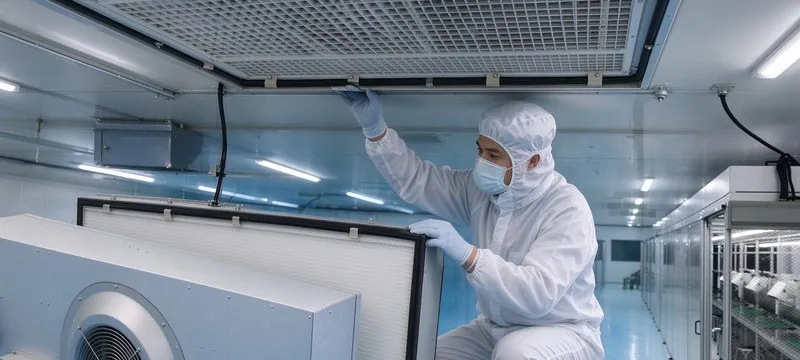 On-site HEPA filter ceiling installation in a pharmaceutical packaging cleanroom