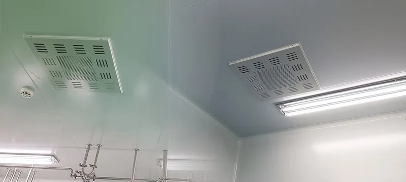 On-site cleanroom ceiling installation with HEPA terminal filter boxes in a pharmaceutical packaging cleanroom
