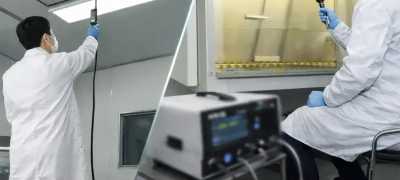 Technician performing an in-situ HEPA filter integrity test with an aerosol photometer Technician performing an in-situ HEPA filter integrity test with an aerosol photometer