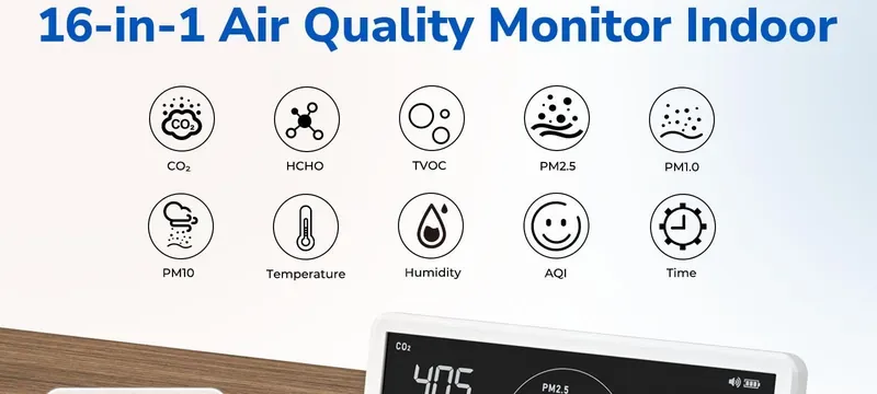 Indoor air quality monitor showing CO2 that standard HEPA media cannot remove