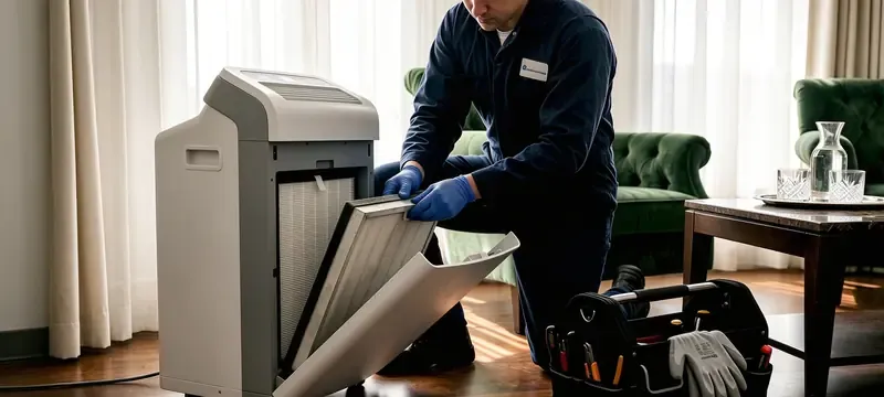 Technician replacing HEPA filter in housing