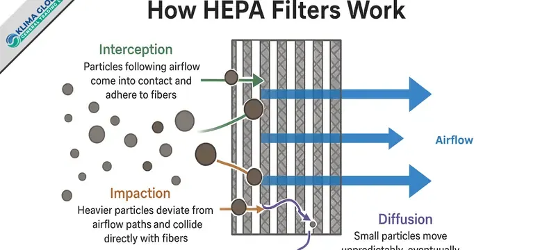 HEPA filter particle capture mechanism interception impaction diffusion HEPA filter particle capture mechanism interception impaction diffusion