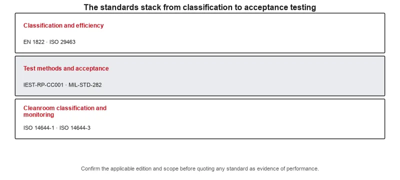 The standards stack, from classification and efficiency (EN 1822, ISO 29463) through test methods and acceptance (IEST-RP-CC001, MIL-STD-282) to...