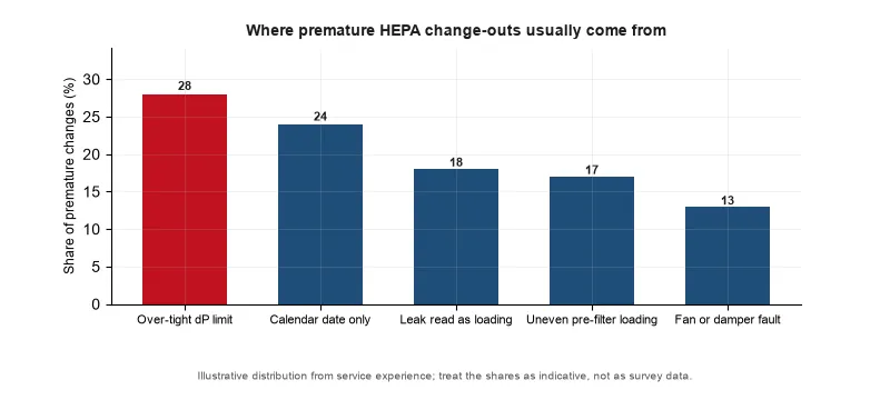 Where premature HEPA change-outs usually come from - an over-tight pressure limit (28%), changing on the calendar date alone (24%), a leak misread as...