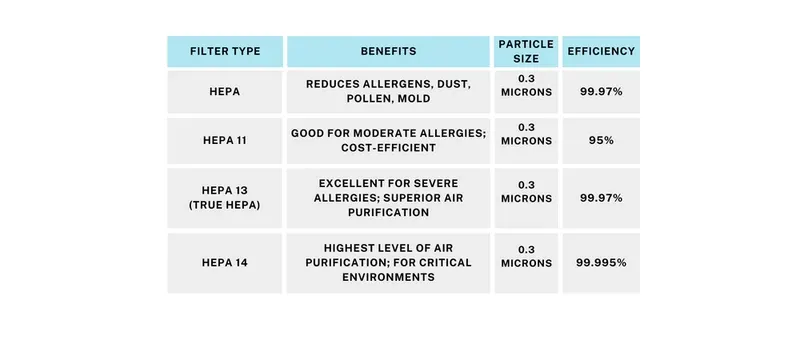 HEPA filter technical specification table allergen control HEPA filter technical specification table allergen control