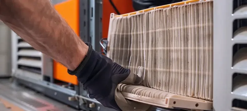 Technician cleaning electronic air filter collection cell Technician cleaning electronic air filter collection cell
