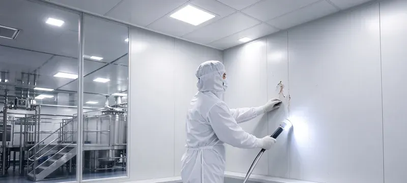 Inspecting damaged cleanroom wall panel surface Inspecting damaged cleanroom wall panel surface