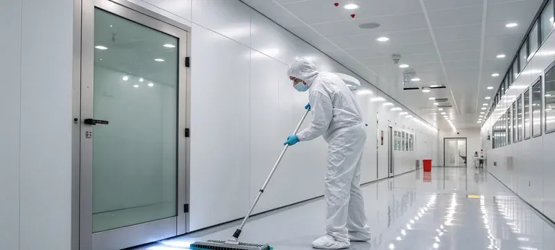 Cleanroom disinfection wiping walls worker Cleanroom disinfection wiping walls worker