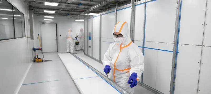 Cleanroom panel installation workers assembling Cleanroom panel installation workers assembling