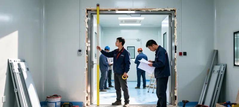 Worker installing door frame cleanroom construction site