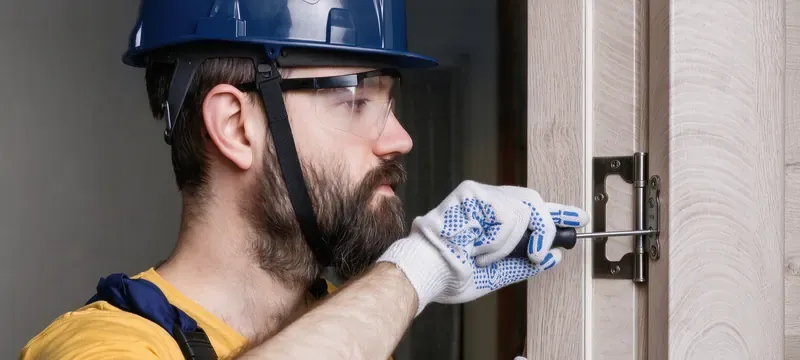 Technician inspecting door hardware hinges maintenance Technician inspecting door hardware hinges maintenance