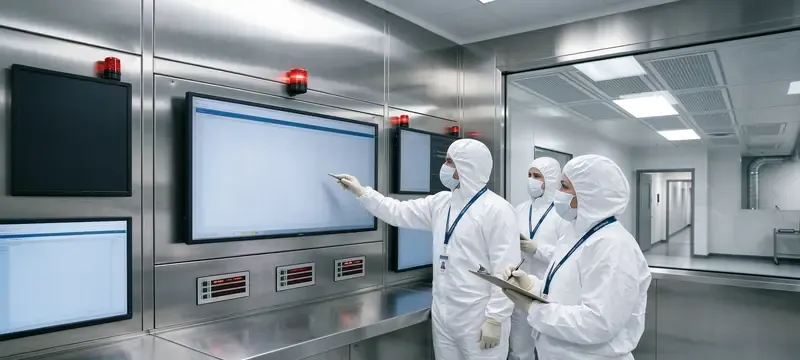 Technician commissioning testing cleanroom door Technician commissioning testing cleanroom door