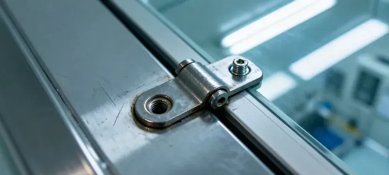 Cleanroom door gasket hinge wear inspection closeup Cleanroom door gasket hinge wear inspection closeup