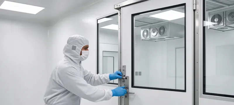 Technician servicing cleanroom door components maintenance