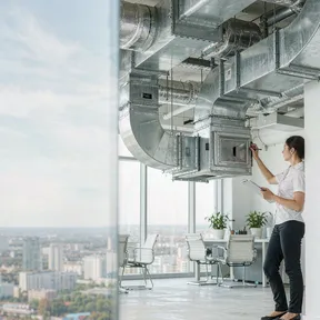 Engineer inspecting Deiiang fire and smoke dampers in an office building Engineer inspecting Deiiang fire and smoke dampers in an office building