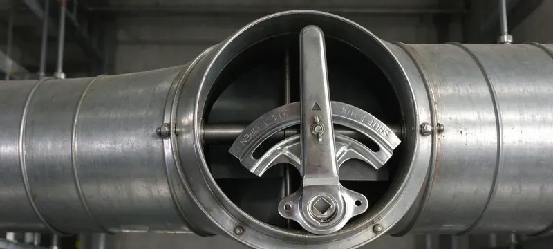Manual damper locking quadrant handle in duct Manual damper locking quadrant handle in duct