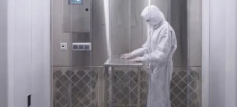Operator weighing and dispensing material inside a cleanroom downflow booth