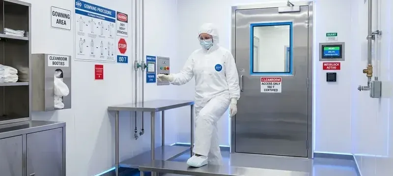 Gowned operator entering a personnel airlock with interlock control beside an ISO 7 gowning area