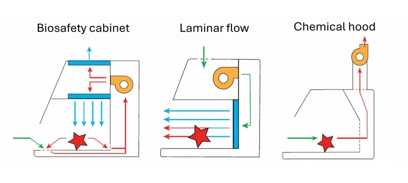 Diagram comparing fume hood exhaust airflow with biosafety cabinet recirculating HEPA airflow Diagram comparing fume hood exhaust airflow with biosafety cabinet recirculating HEPA airflow