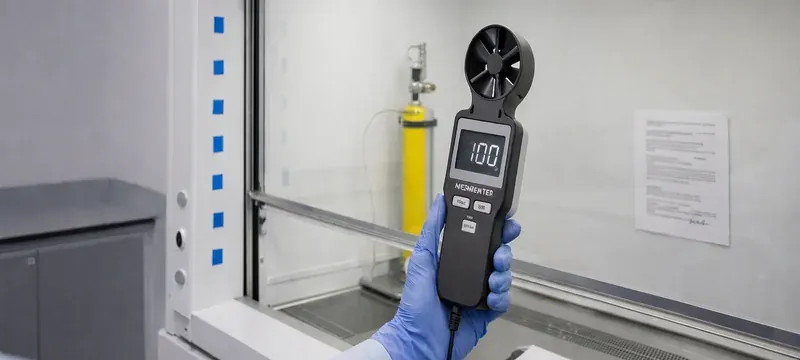 Thermal anemometer probe used to measure face velocity at the sash plane Thermal anemometer probe used to measure face velocity at the sash plane