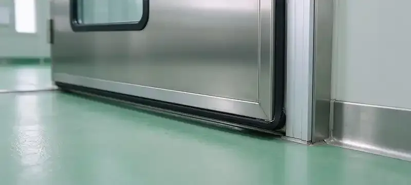 Section through a cleanroom door edge showing gasket compression and leakage path past the seal