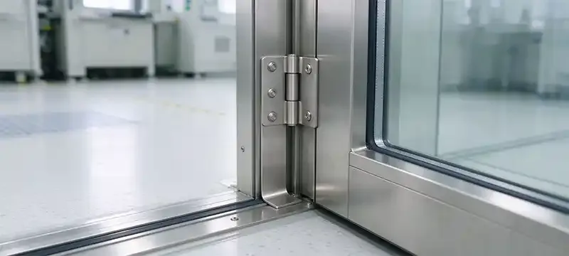 ESD conductive path through a cleanroom door- dissipative face, conductive gasket, hinge bonding strap, frame earth